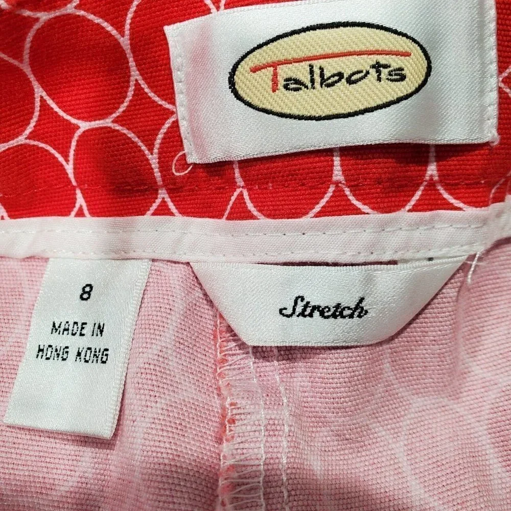 Talbots Women Cropped Red White Circle Pants Pockets Capri Slit Ankle Stretch 8